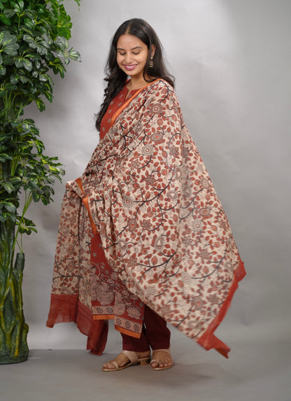 Maroon Kalamkari Kota Cotton 3 piece suit (stitched) | Looms & Tassels