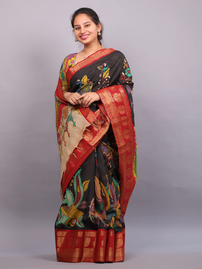 Black Hand Painted Pen Kalamkari Silk Saree