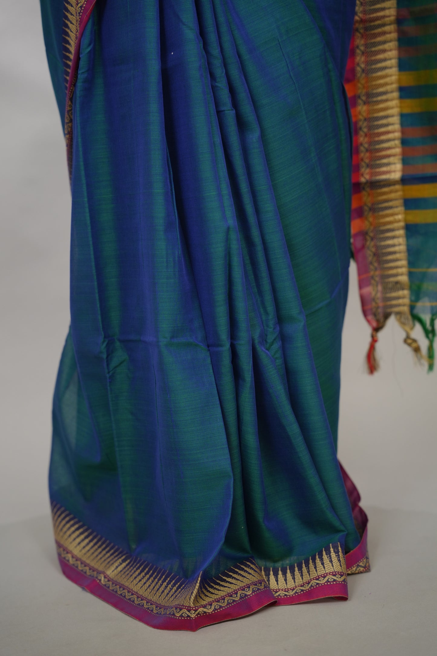 Peacock Blue Narayanpet Cotton Saree With Temple Border | Looms & Tassels