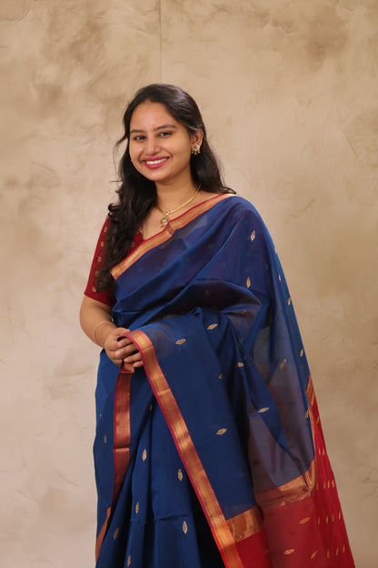 Rama Blue Handloom Maheswari Silk Cotton Sarees | Looms & Tassels