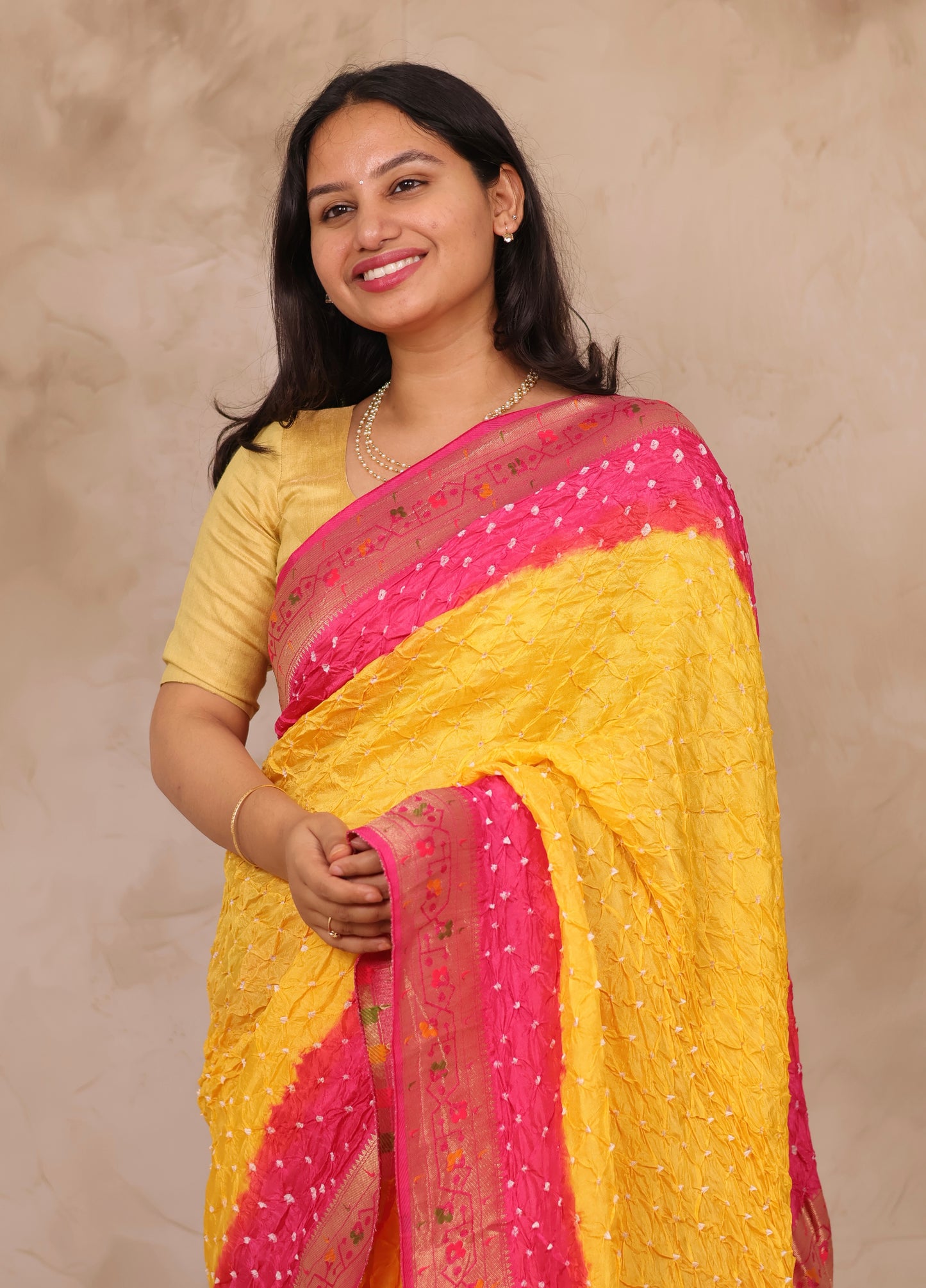 Pink & Yellow Handcrafted Bandhani Paithani Dola Silk Saree | Looms & Tassels