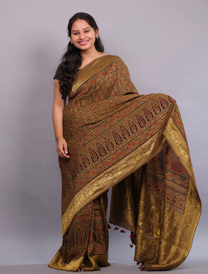 Antique Olive Brown Flower Butta Authentic Ajrakh Hand Block printed Dola Silk Saree | Looms & Tassels