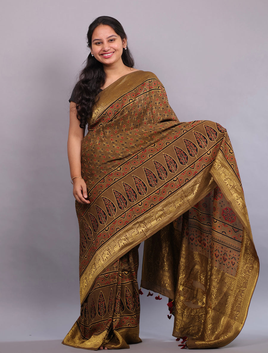 Antique Olive Brown Flower Butta Authentic Ajrakh Hand Block printed Dola Silk Saree | Looms & Tassels
