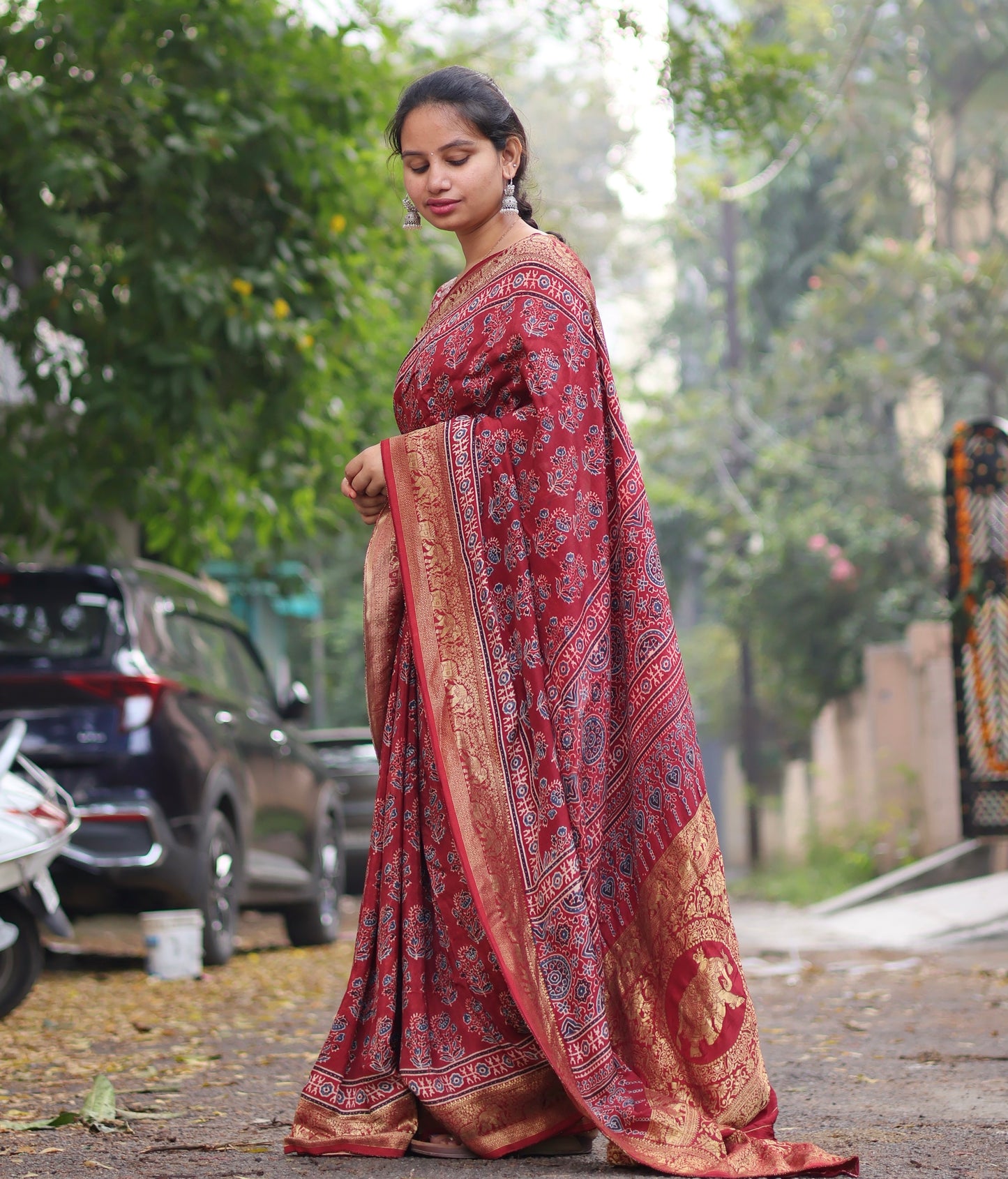 Red Floral Motifs Ajrakh Handblock Printed Dola Silk Saree