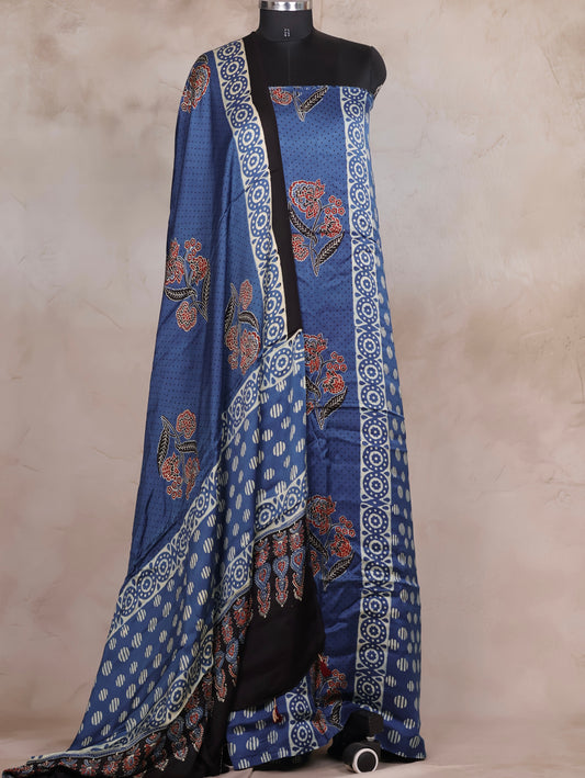 Indigo Ajrakh Handblock Printed Modal Silk 2 Piece Suit Set | Looms & Tassels
