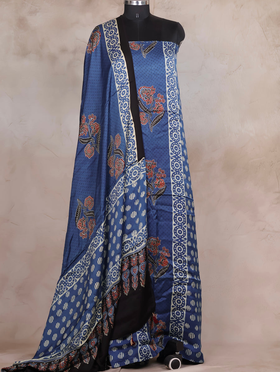 Indigo Ajrakh Handblock Printed Modal Silk 2 Piece Suit Set | Looms & Tassels