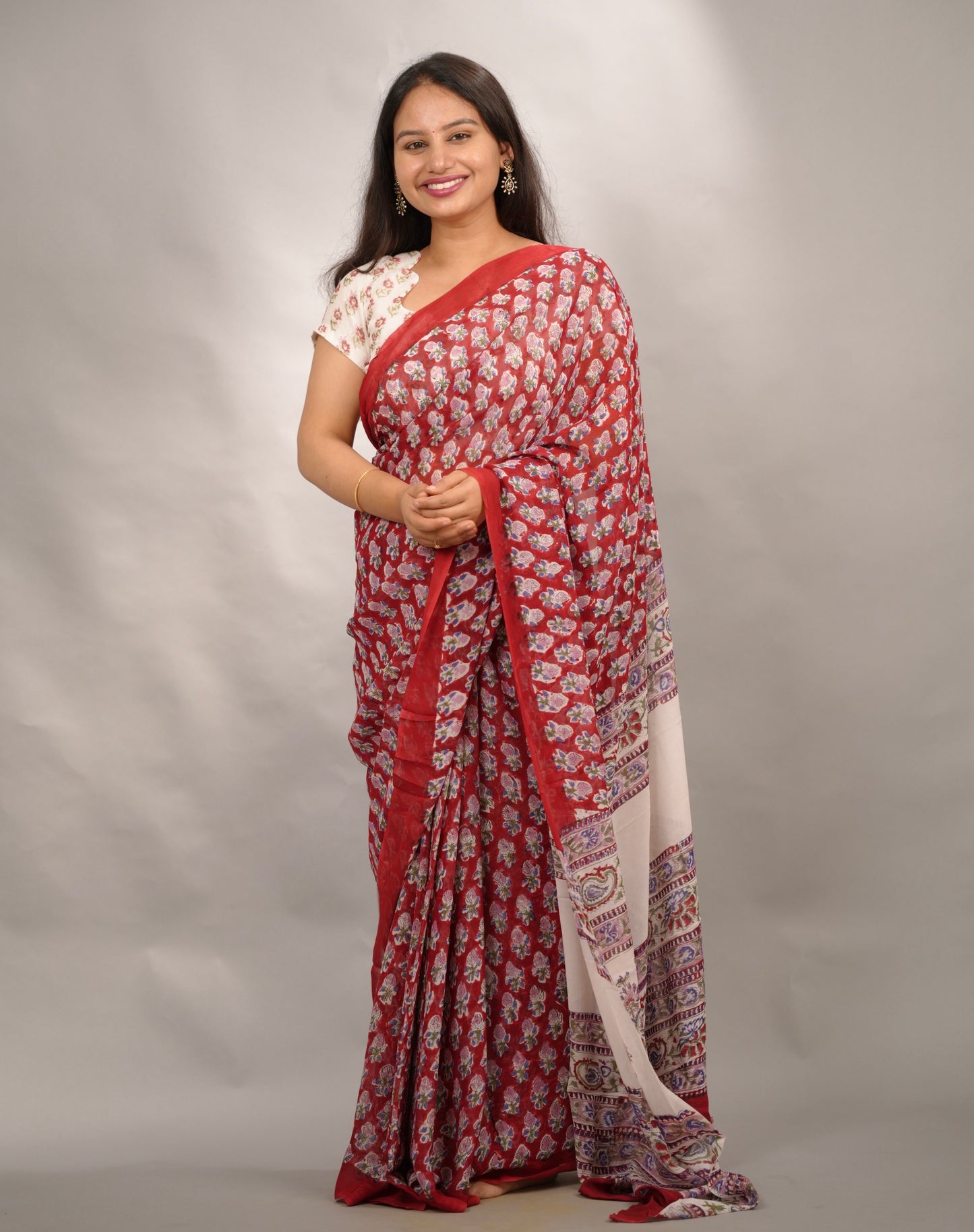 Maroon Georgette Hand Block Printed Saree| Looms & Tassels