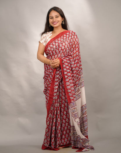 Maroon Georgette Hand Block Printed Saree| Looms & Tassels
