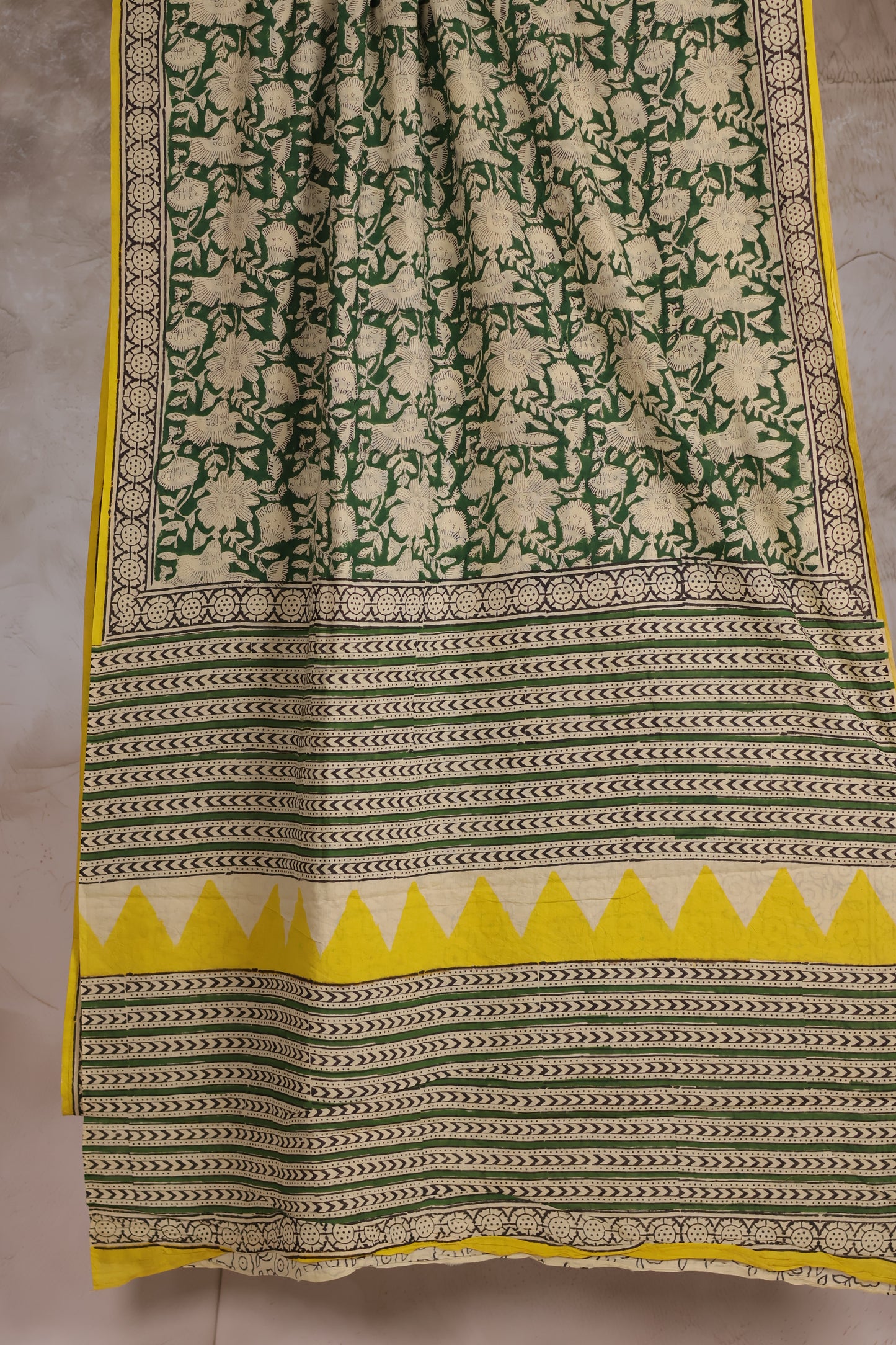 Green & Yellow Bagru Handblock printed MulMul cotton saree