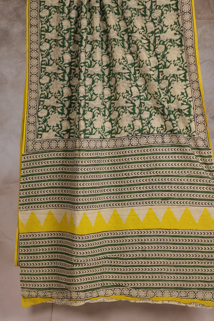 Green & Yellow Bagru Handblock printed MulMul cotton saree