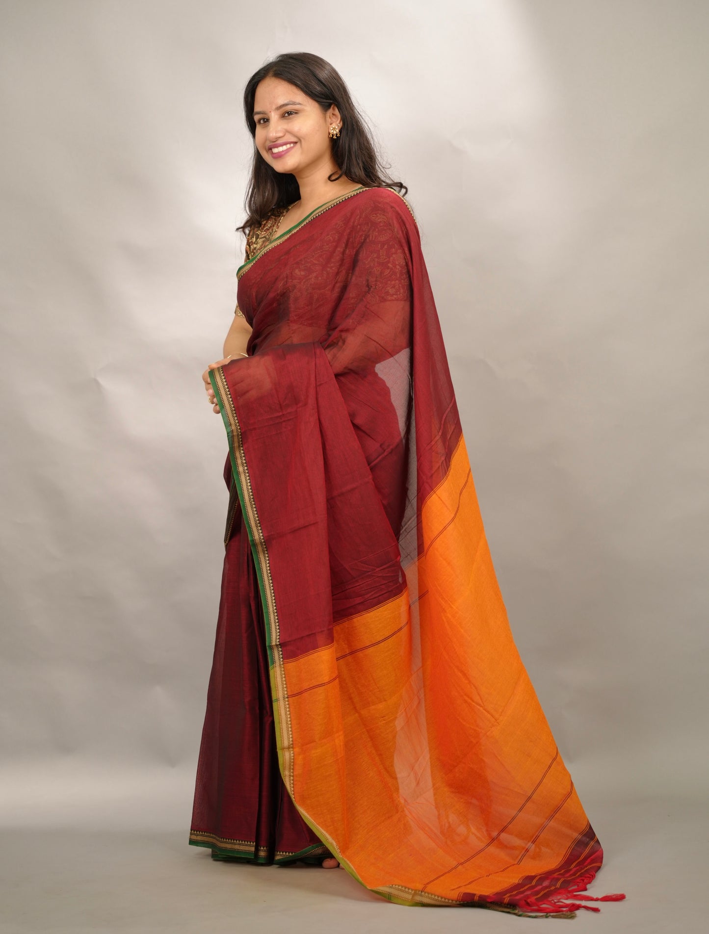 Deep Maroon Narayanpet Cotton Saree | Looms & Tassels