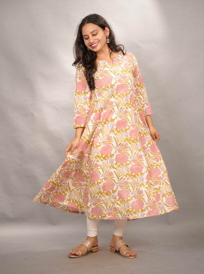 Off white Pure Mul Cotton Kali Kurta  | Looms & Tassels