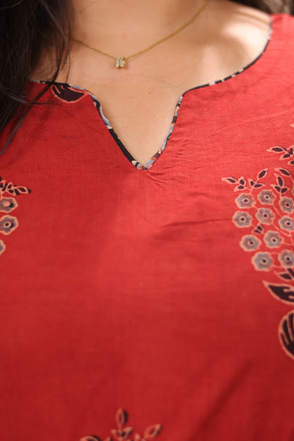 Red Ajrakh Handblock Printed Kali Kurti Co-ord Set (Pure Cotton ) | Looms & Tassels
