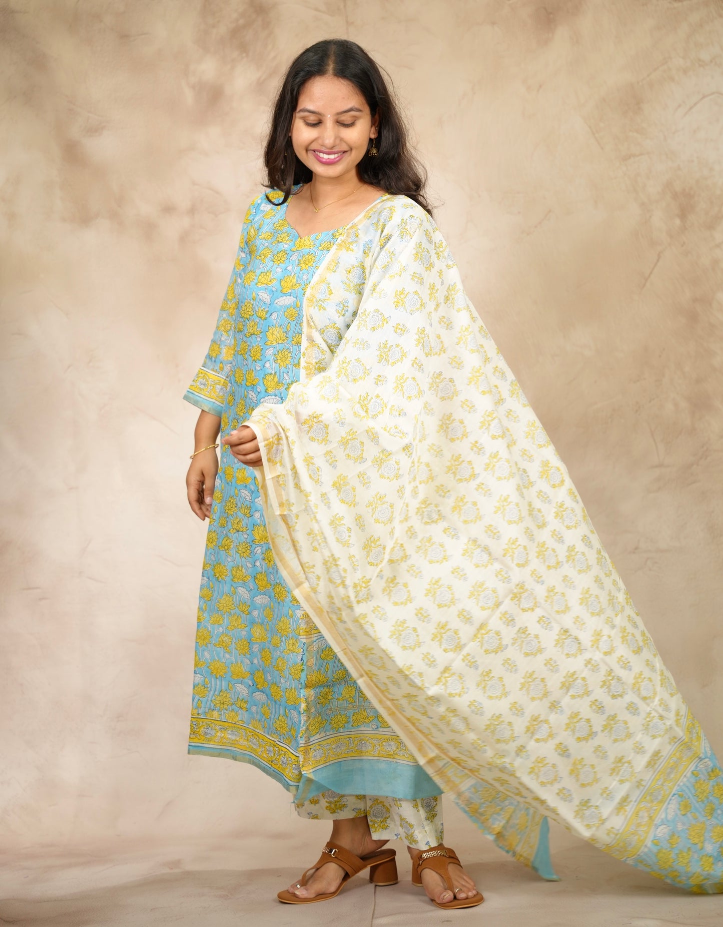 Powder Blue Handblock printed Pure Chenderi Silk 3 piece suit (stitched) |  Looms & Tassels