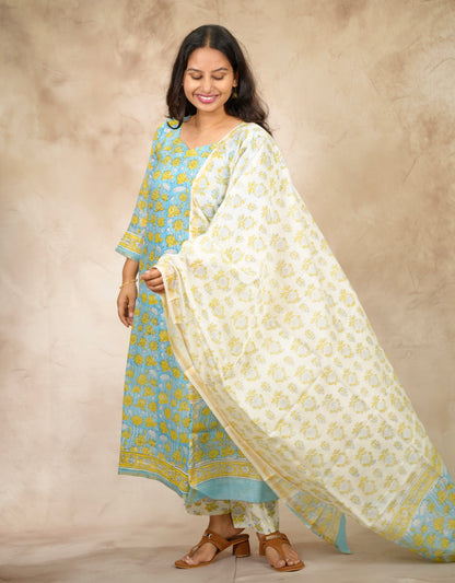 Powder Blue Handblock printed Pure Chenderi Silk 3 piece suit (stitched) |  Looms & Tassels