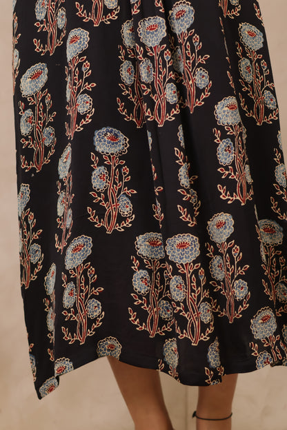 Black Ajrakh Modal Silk Aline Dress | Looms & Tassels