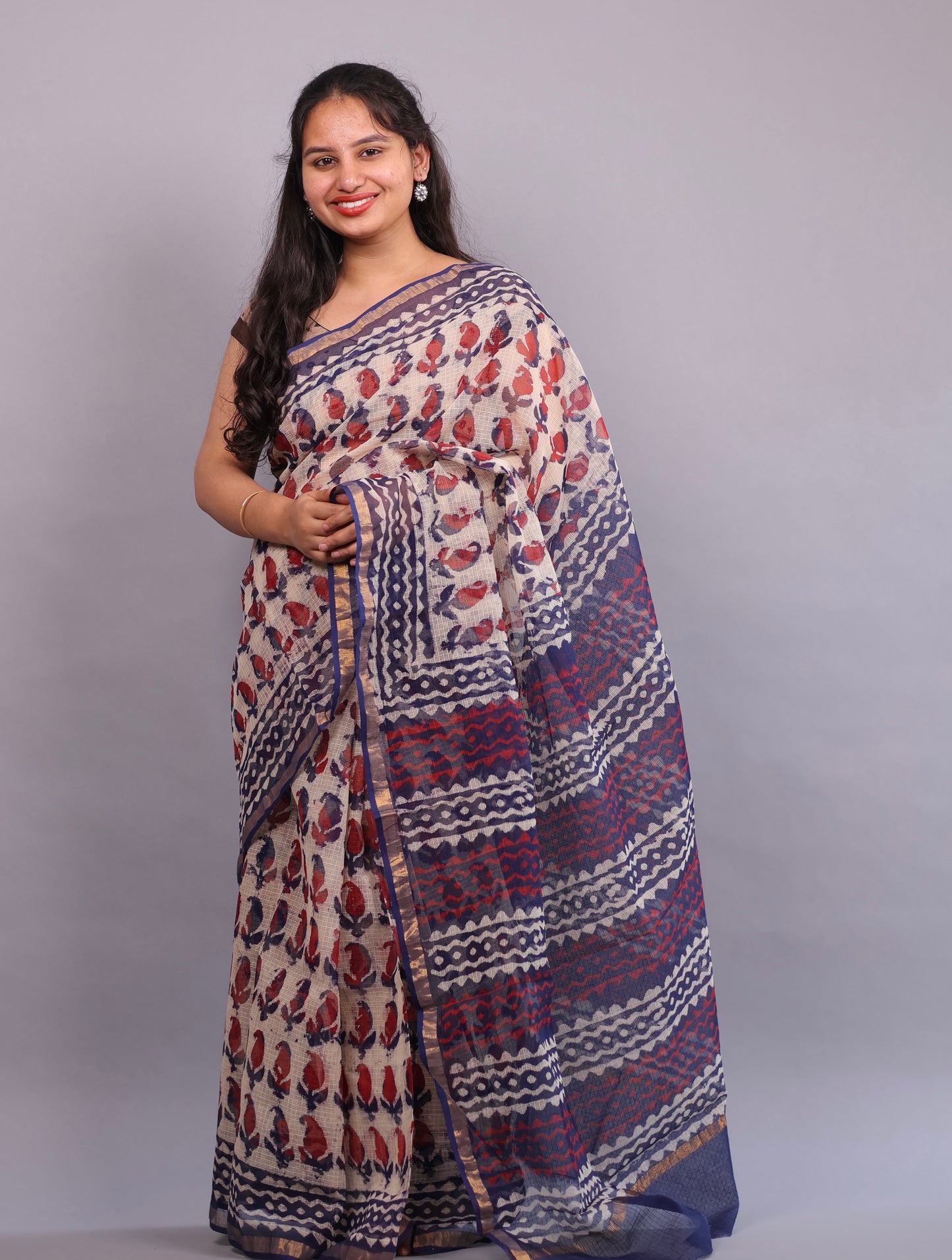 Pure Kota Doria Saree with Bagru Handblock Prints – Maroon & Blue | Looms&Tassels