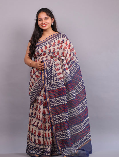Pure Kota Doria Saree with Bagru Handblock Prints – Maroon & Blue | Looms&Tassels