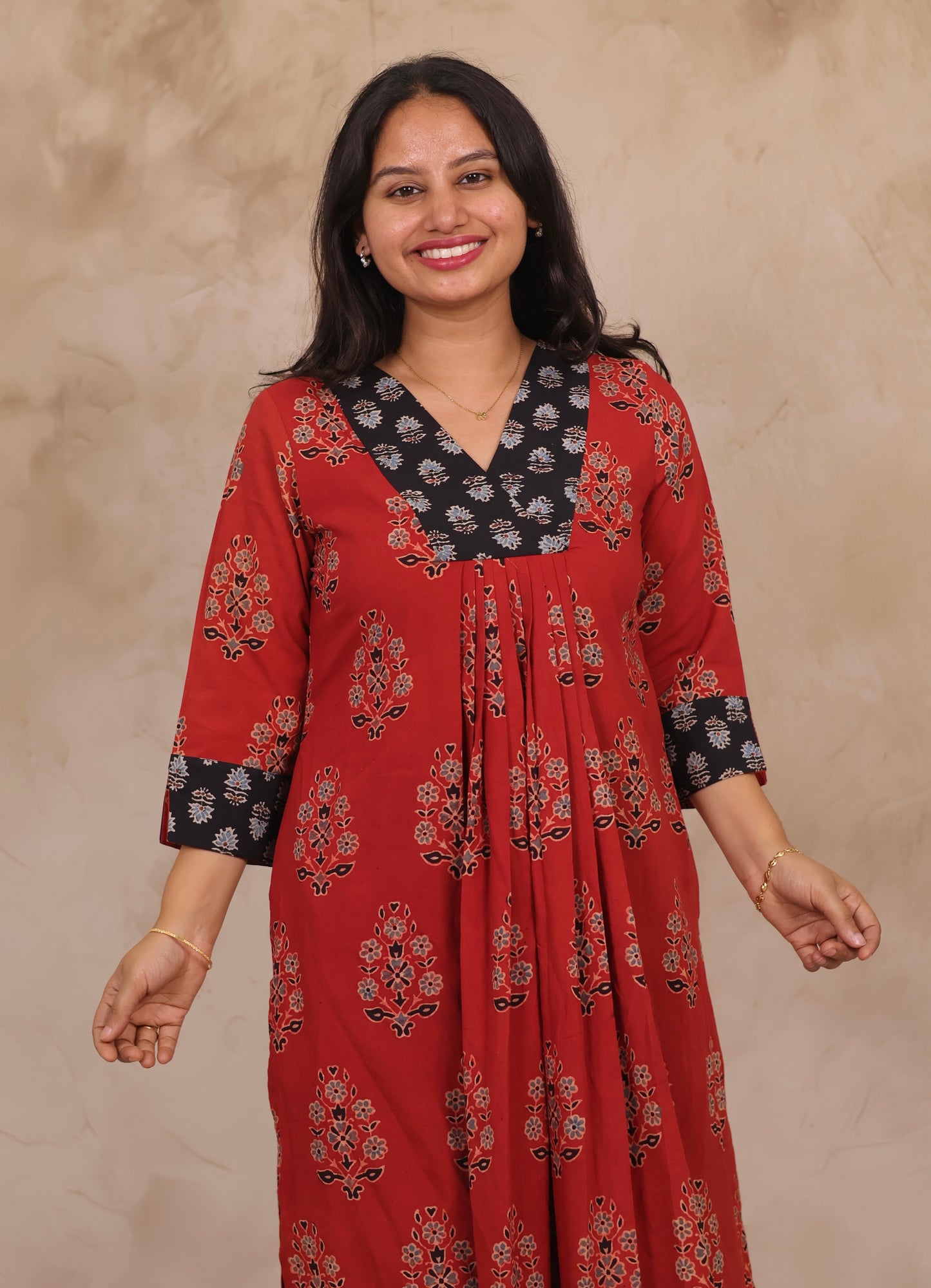 Red Pure Mul Cotton Ajrakh Patchwork Aline Kurta | Looms & Tassels