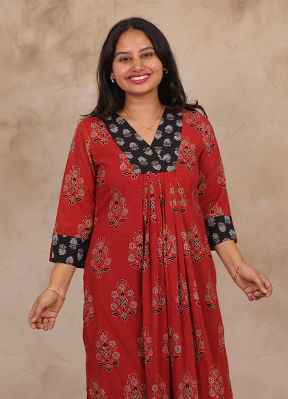 Red Pure Mul Cotton Ajrakh Patchwork Aline Kurta | Looms & Tassels
