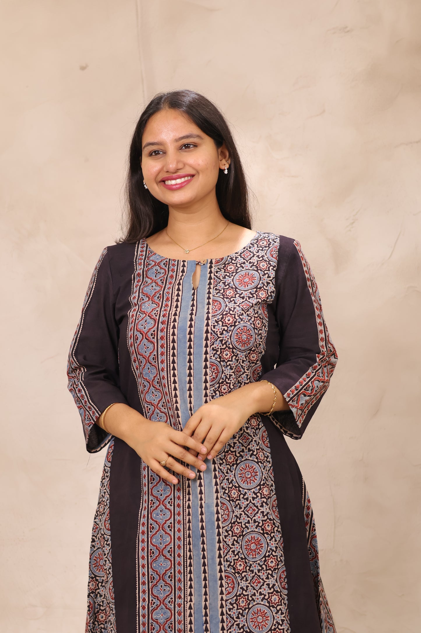 Black Ajrakh Pattern Hand Block printed Aline Kurti | Looms & Tassels