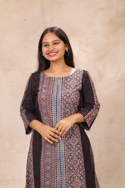 Black Ajrakh Pattern Hand Block printed Aline Kurti | Looms & Tassels