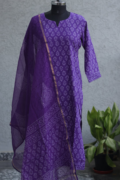 Violet Handblock printed Pure Mul Cotton with Kota Doria Duppata 3 piece suit (stitched)