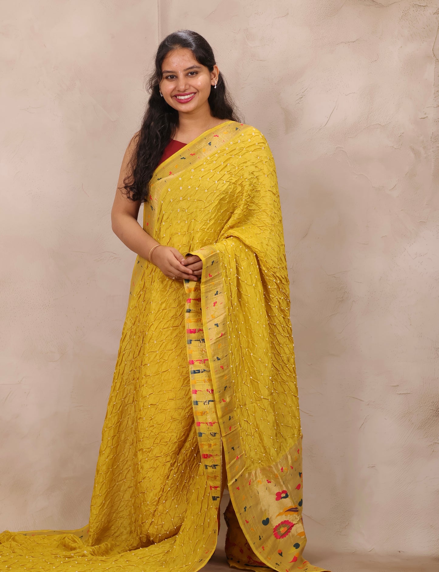 Pastel Yellow Handcrafted Bandhani Paithani Dola Silk Saree | Looms & Tassels