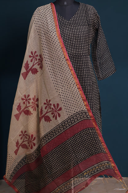 Black Handblock printed kota 3 piece suit (stitched)