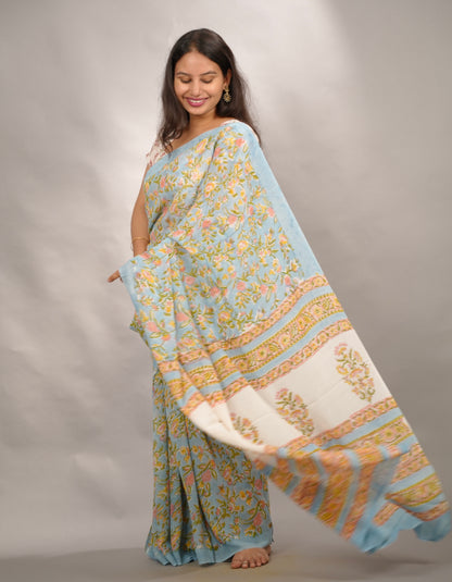 Sky Blue Georgette Hand Block Printed Saree| Looms & Tassels