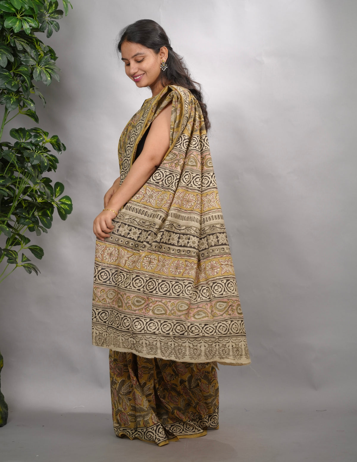 Mustard Hand Block Printed Kalamkari Cotton Saree | Looms & Tassels