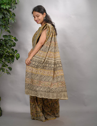 Mustard Hand Block Printed Kalamkari Cotton Saree | Looms & Tassels