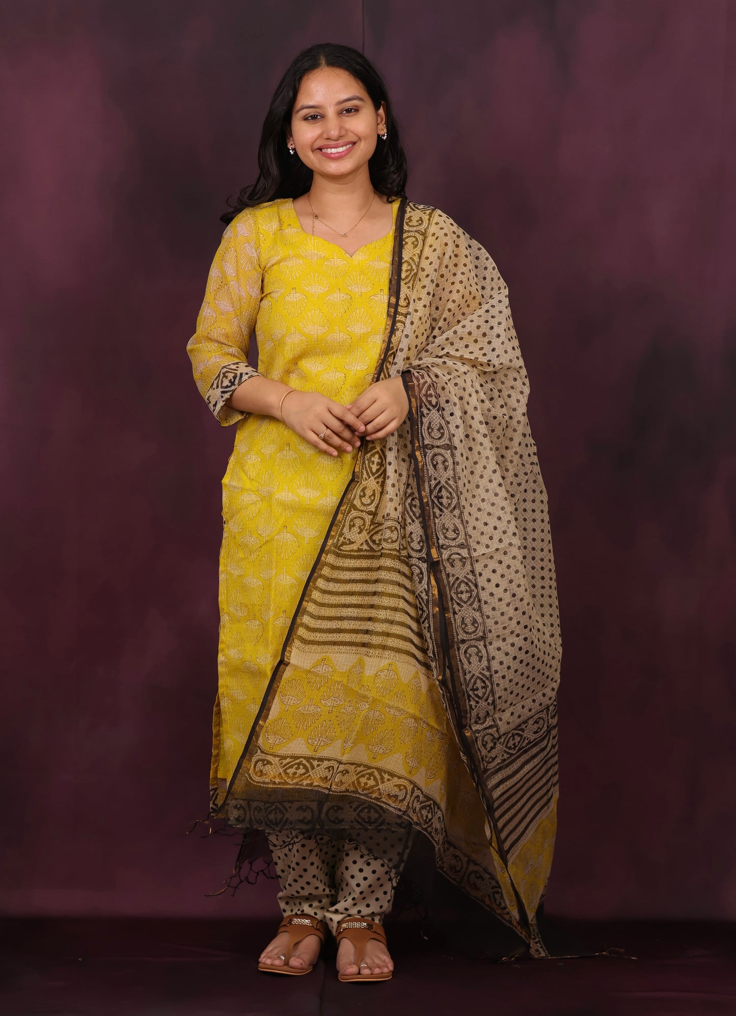 Yellow Handblock printed kota 3 piece suit (stitched)