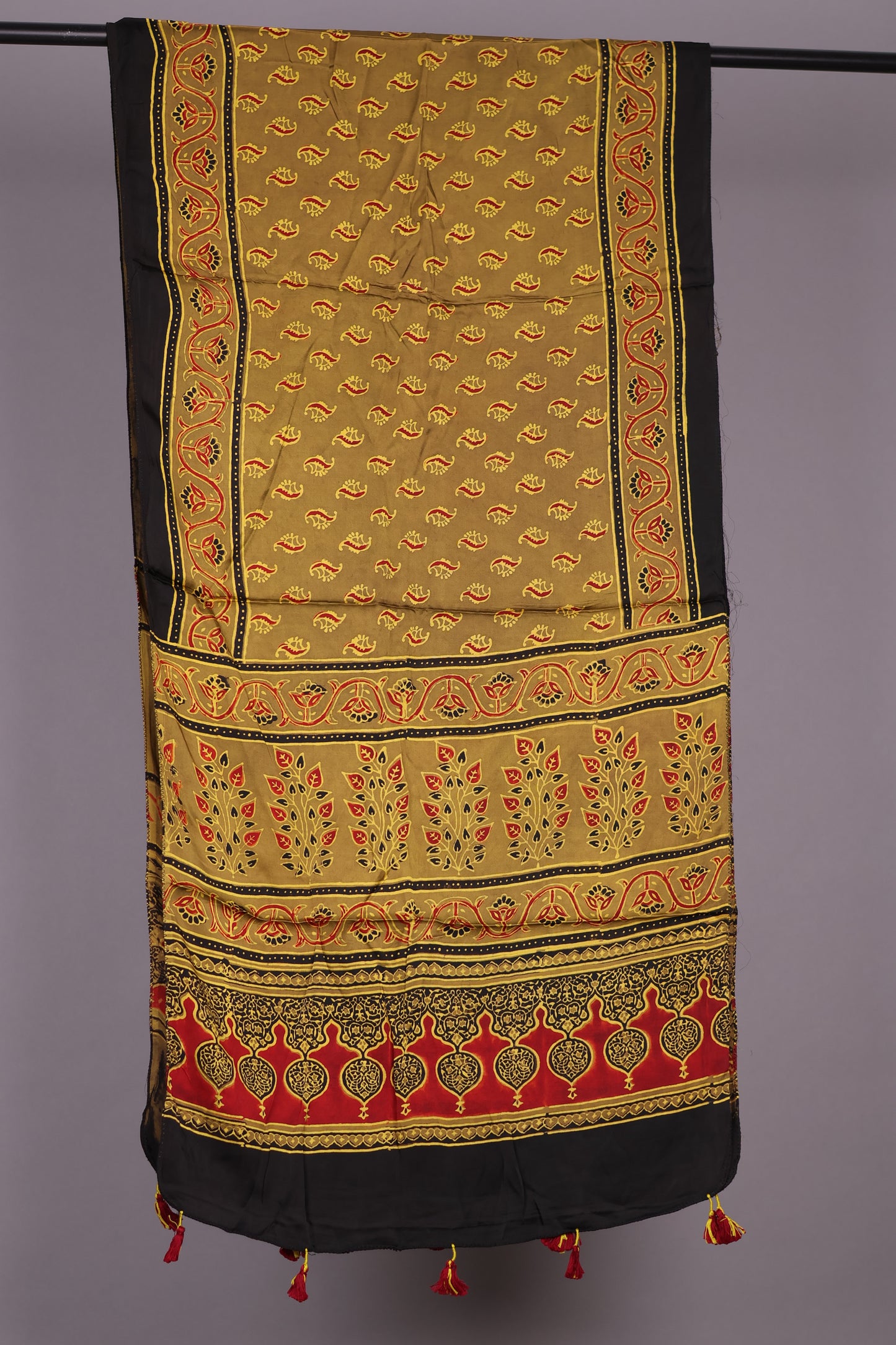 Mustard Ajrakh Hand Block Printed Modal Silk Stole | Looms & Tassels