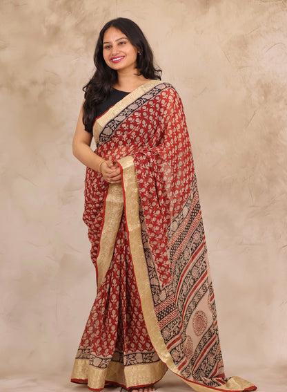 Maroon Chiffon Hand Block Printed Saree with Jari Border | Looms & Tassels