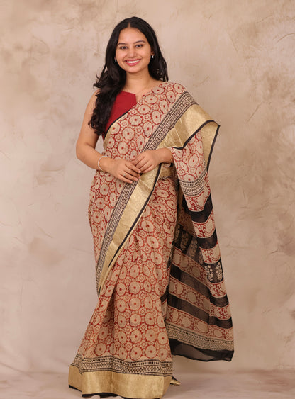 Maroon Chiffon Hand Block Printed Saree with Jari Border | Looms & Tassels