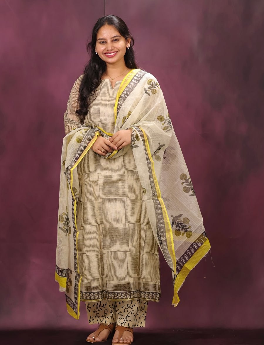 Cream Handblock printed kota 3 piece suit (stitched)