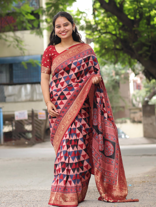 Red Contemporary Ajrakh Dola Silk Saree