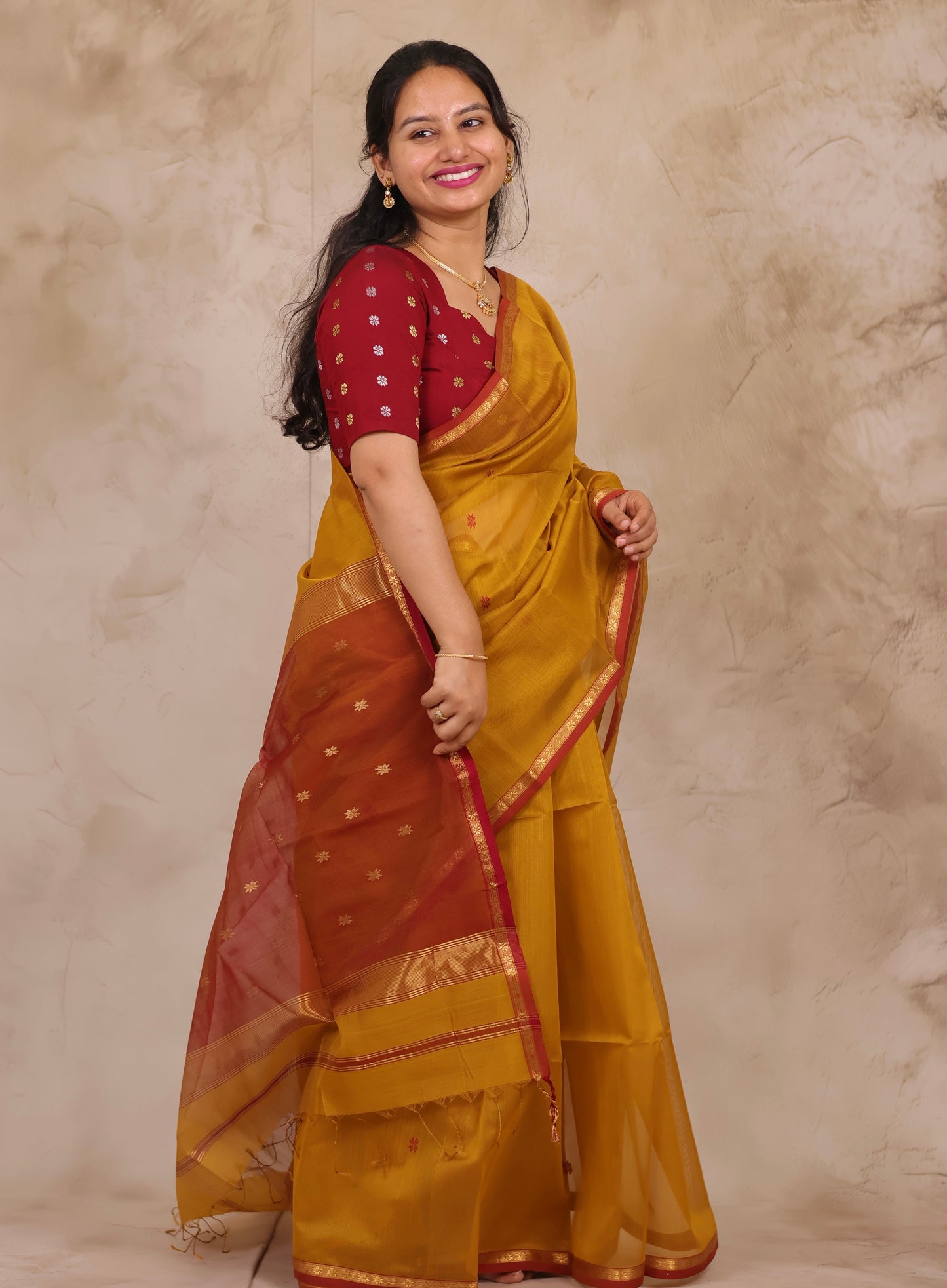 Mustard Handloom Maheswari Silk Cotton Sarees | Looms & Tassels