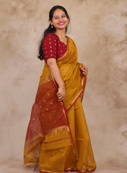 Mustard Handloom Maheswari Silk Cotton Sarees | Looms & Tassels