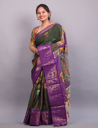 Green Hand Painted Pen Kalamkari Silk Saree