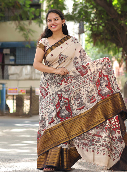 Cream Kanchi Border Kalamkari Chennur Silk Saree