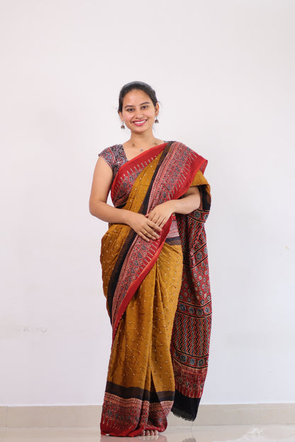 Mustard Ajrakh Bandhej Modal Silk Saree