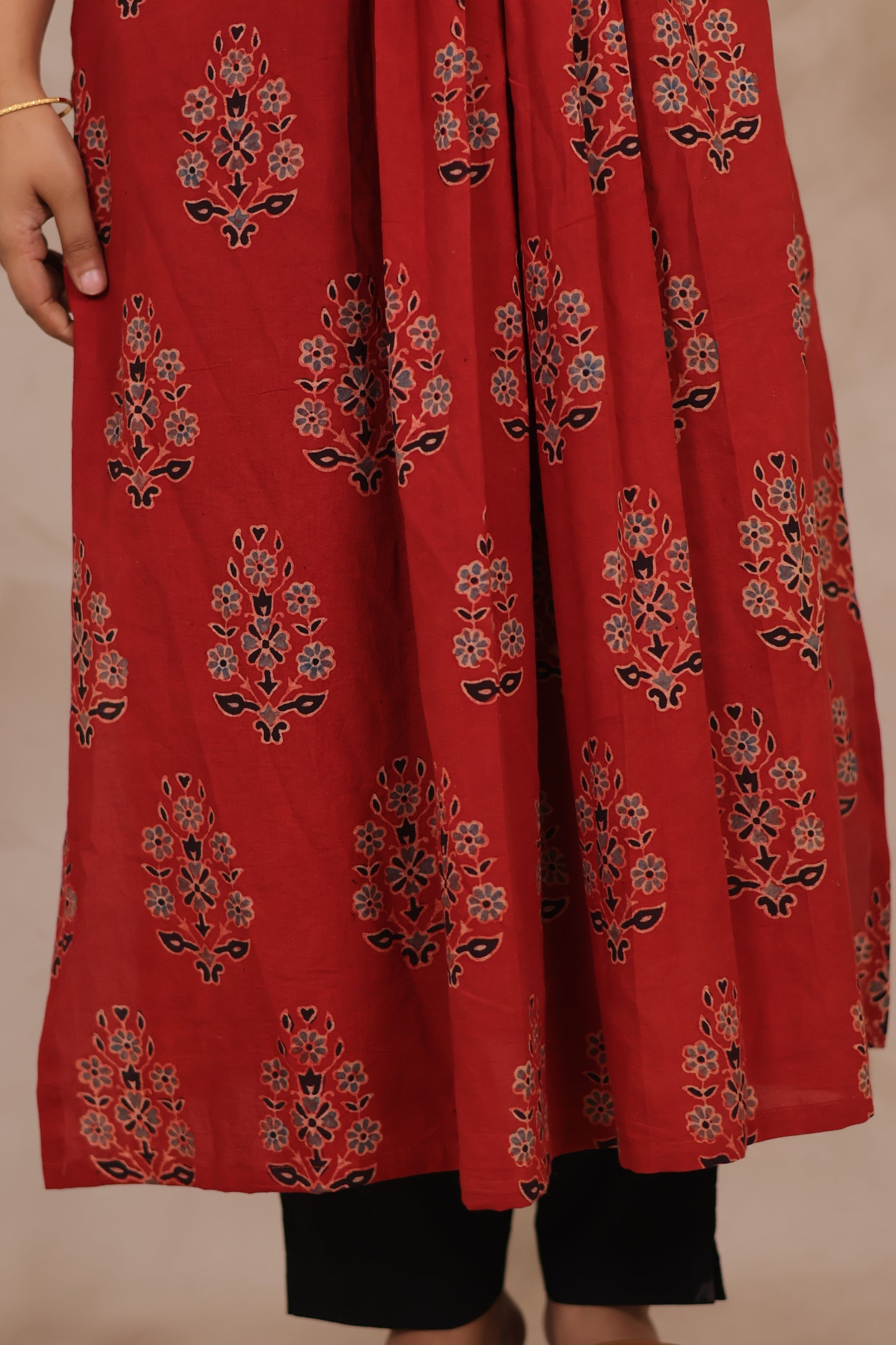 Red Pure Mul Cotton Ajrakh Patchwork Aline Kurta | Looms & Tassels