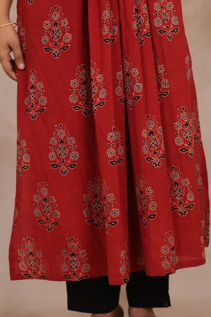 Red Pure Mul Cotton Ajrakh Patchwork Aline Kurta | Looms & Tassels