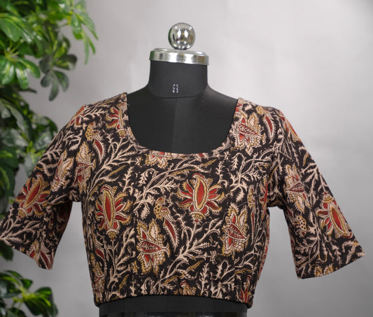 Black Round Neck Stretchable Hand block printed kalamkari blouse (elbow sleeves) | Looms & Tassels
