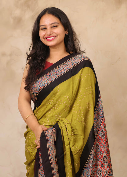 Lemon Green Hand Knotted Bandhej Arakh Modal Silk Saree with Lagdi Pallu | Looms & Tassels