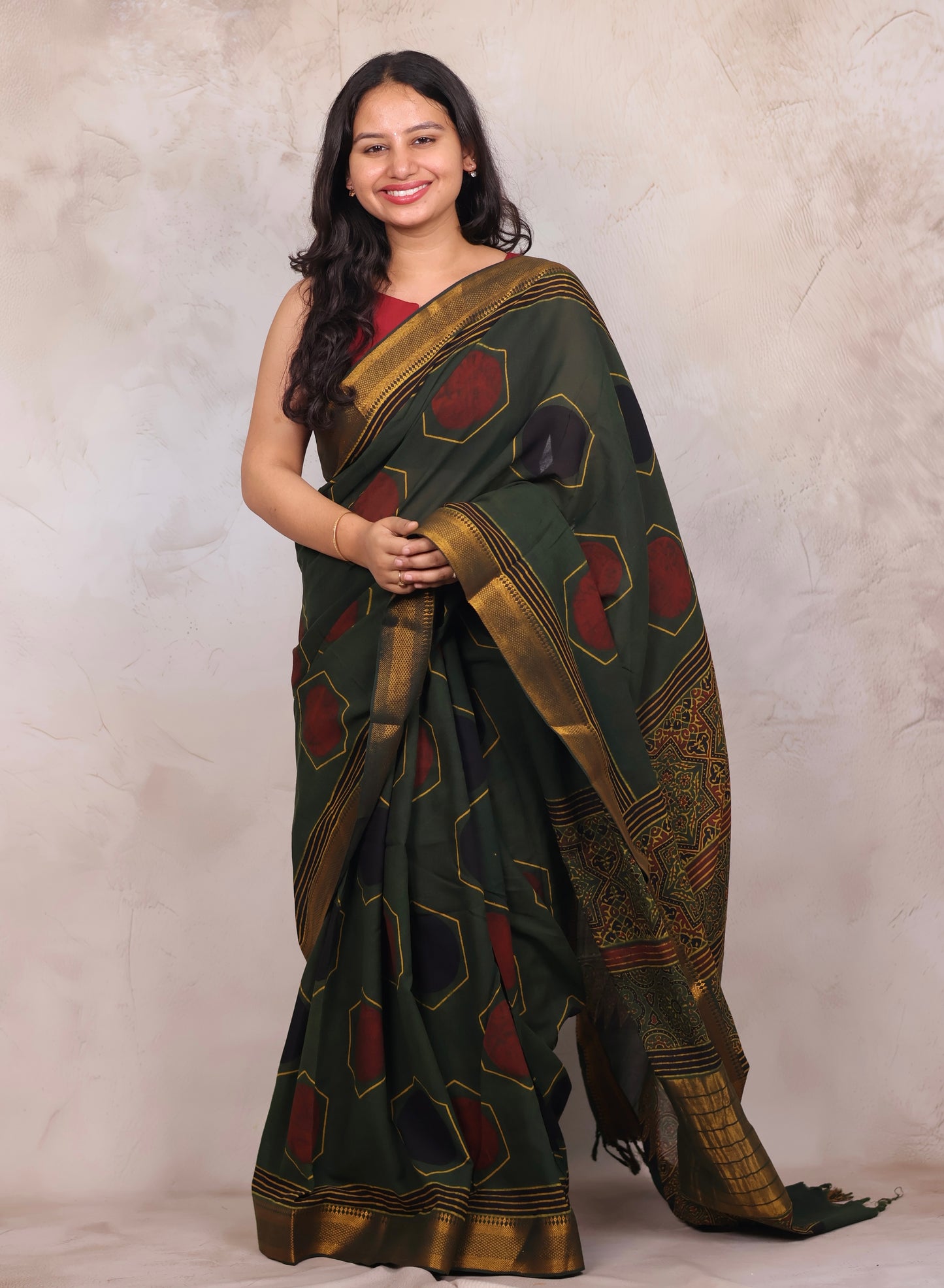 Green Ajrakh Hand Block Printed Mangalagiri Cotton Saree | Looms & Tassels