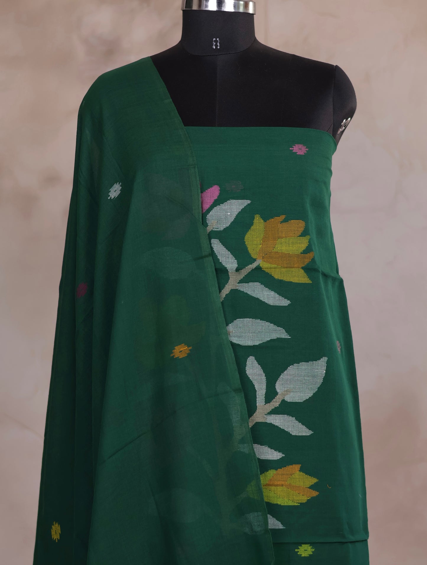 Green Handwoven Jamdhani weaving pure Malai cotton 2 piece suit sets | Looms & Tassels