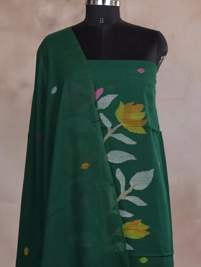 Green Handwoven Jamdhani weaving pure Malai cotton 2 piece suit sets | Looms & Tassels